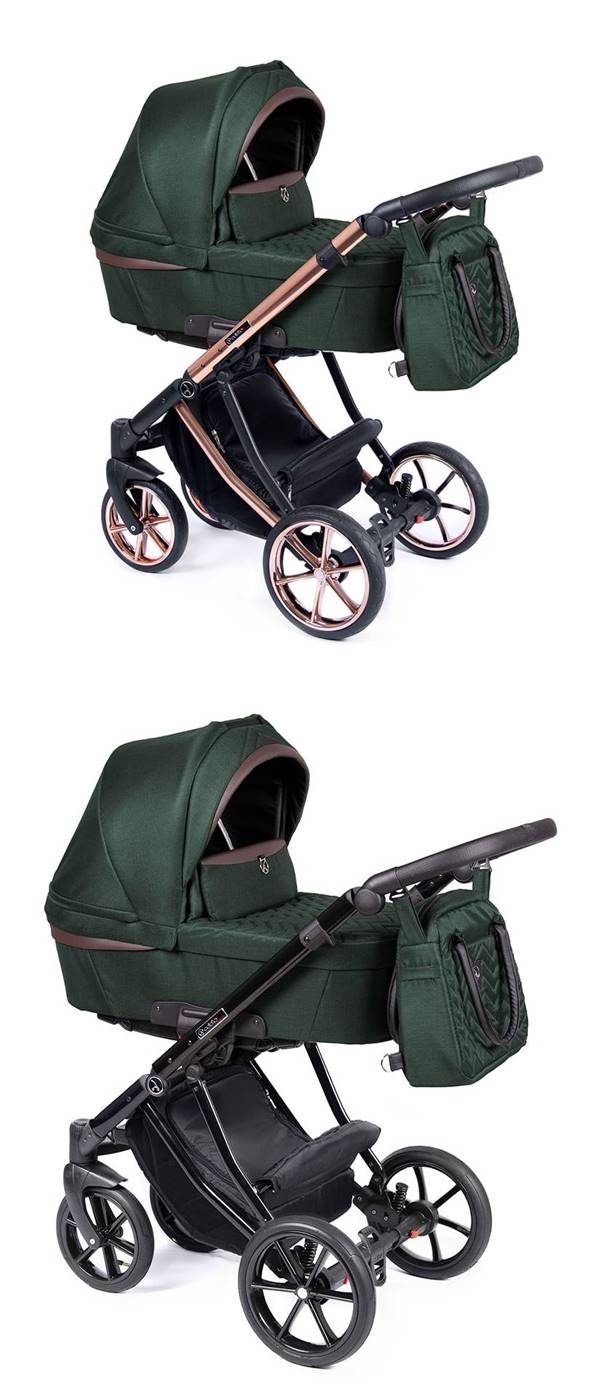 Wózek Coletto Dante w butelkowej zieleni, dostępny z ramą miedzianą lub czarną, elegancki design z komfortową gondolą i funkcjonalnymi detalami.